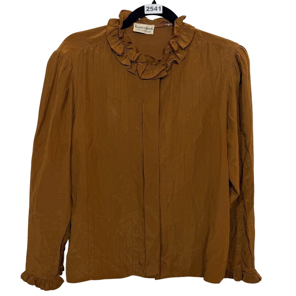 Albert Nipon Blouse Womens L Rust Brown Ruffle Neck Pintuck Pleated Vintage